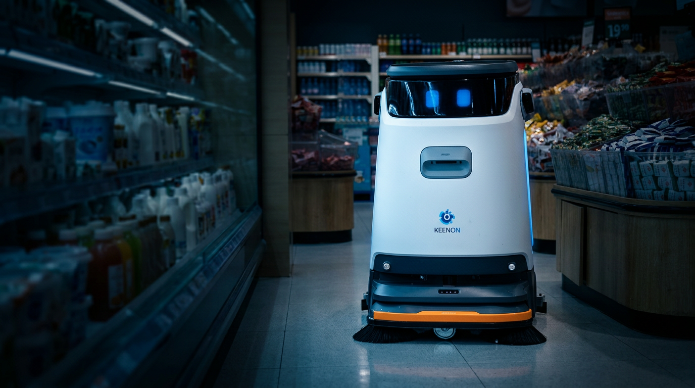 Autonómny čistiaci robot Nexabot v priestore hotelovej lobby
